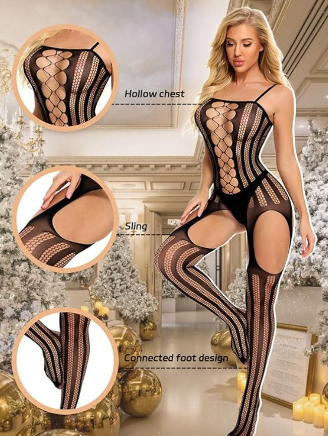 Women’s Fishnet Bodysuit Lingerie  Hollow Mesh Teddy Bodysuit  Sexy Sleepwear Outfit